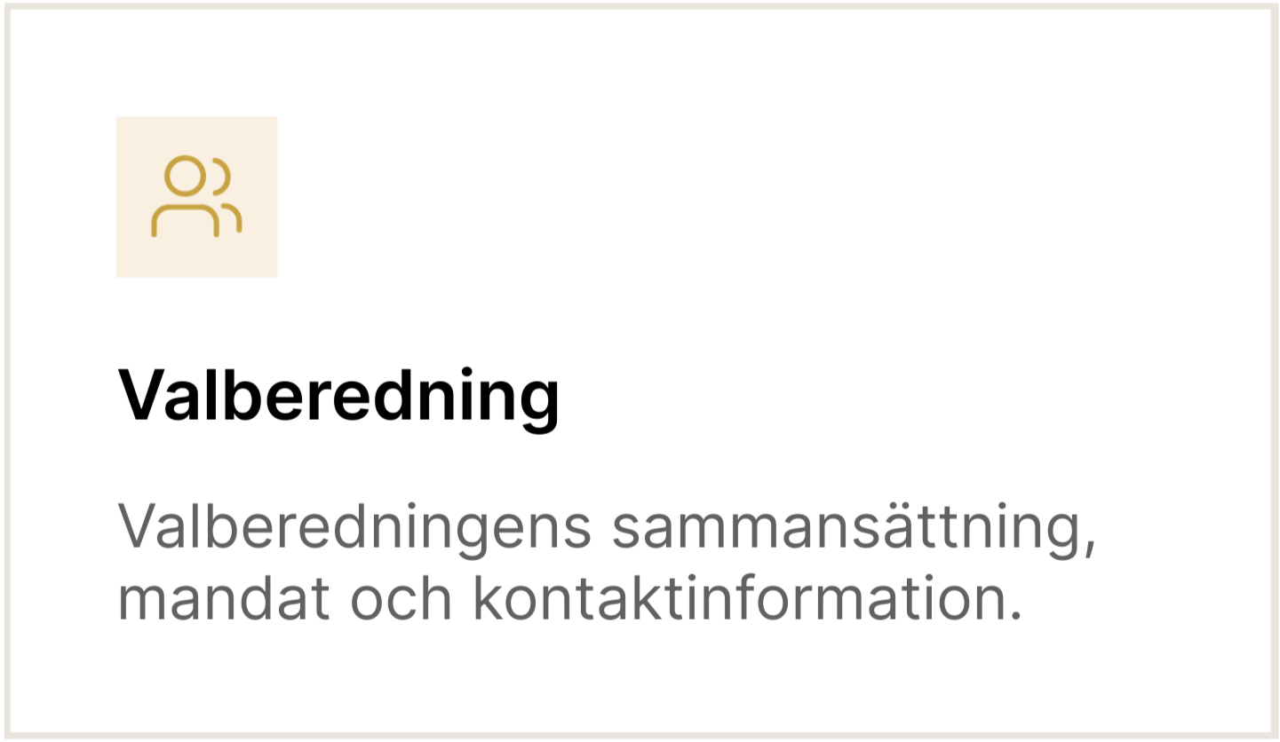 Skärmbild av en informationstext om valberedning, inklusive en ikon med två personer och texten 'Valberedning', samt en beskrivning av valberedningens sammansättning, mandat och kontaktinformation.