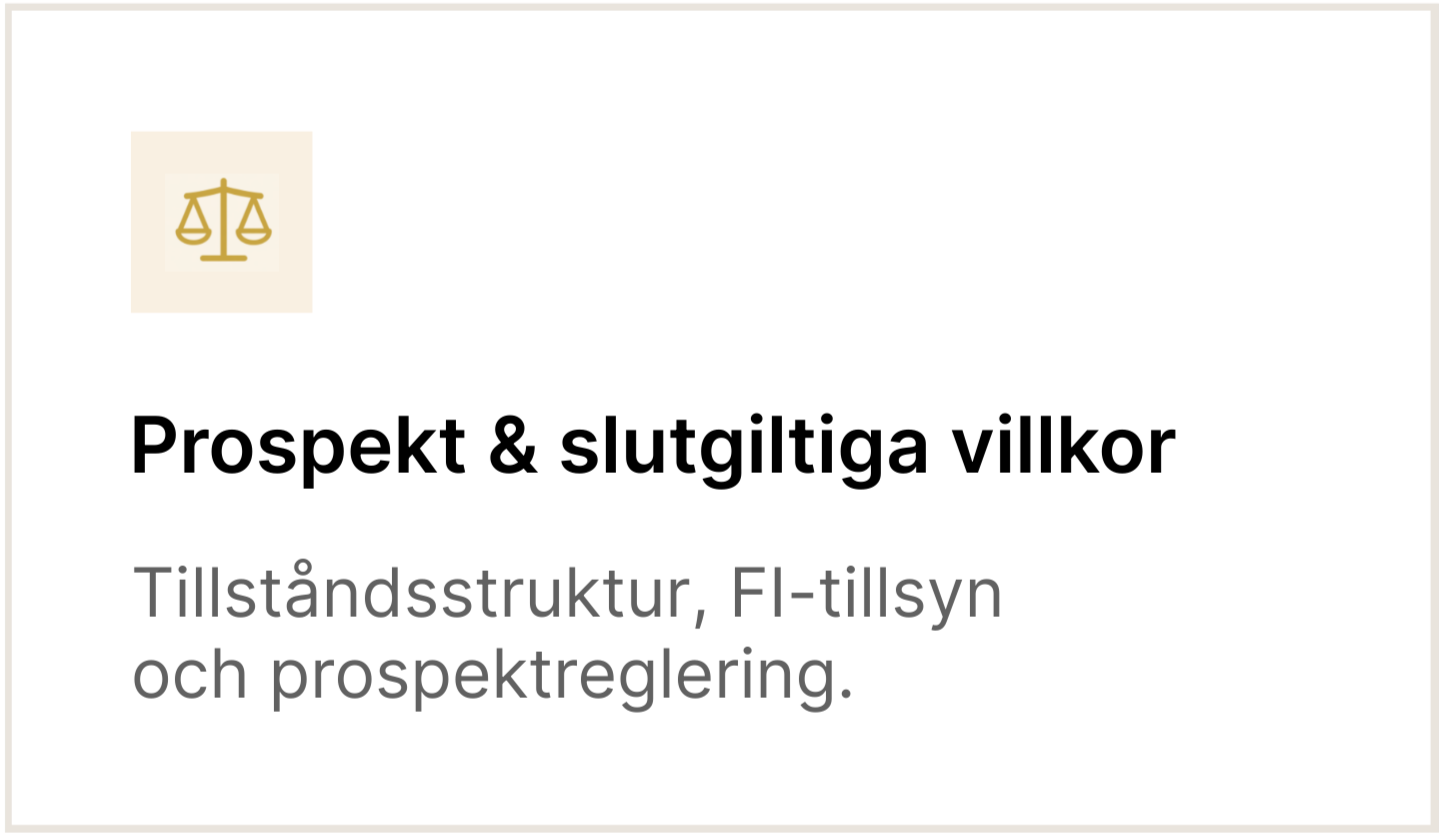 Titelbild för dokument om prospekt och slutgiltiga villkor, inklusive tillstånds- och tillsynsregler.