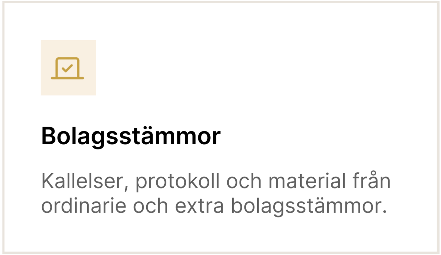 En till vänster med en guldig symbol som visar en checkmark, och texten "Bolagsstämma" under. Under är det en beskrivning: "Kallelser, protokoll och material från ordinarie och extra bolagsstämma."