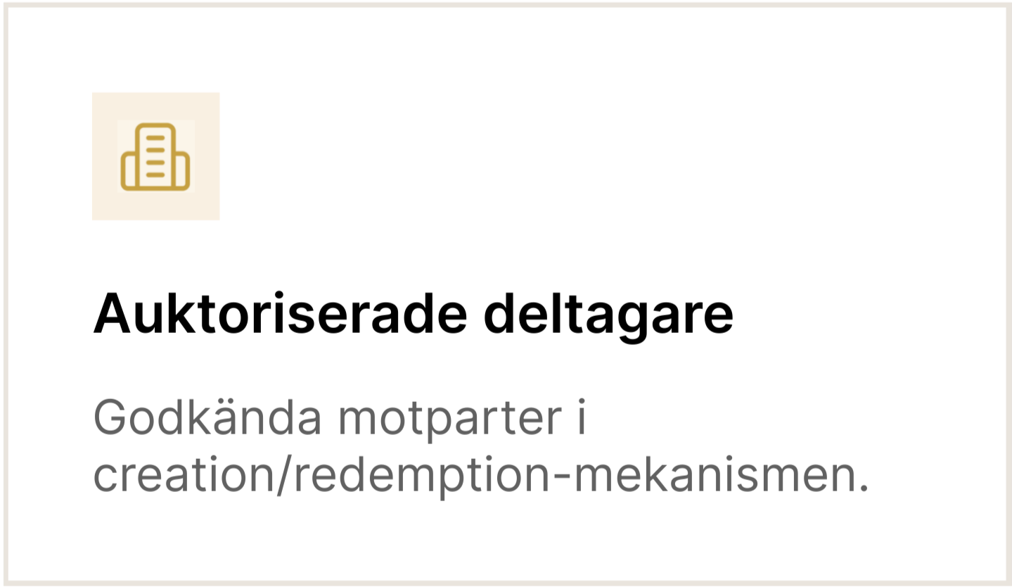 Skärm med texten "Auktoriserade deltagare" och beskrivningen "Godkända motparter i creation/redemption-mekanimen."