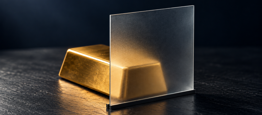 Guldtacka bakom en matt glasskiva – illustration av skillnaden mellan guld-ETC och guld-ETF