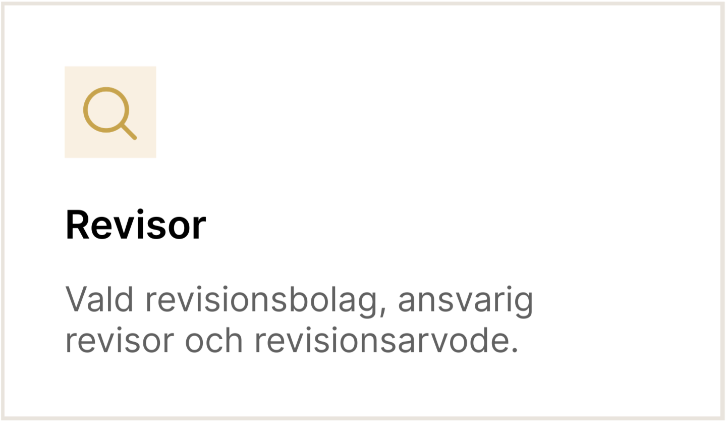 Ikon med förstoringsglas och texten "Revisor" samt beskrivning "Vald revisionsbolag, ansvarig revisor och revisionsarvode."