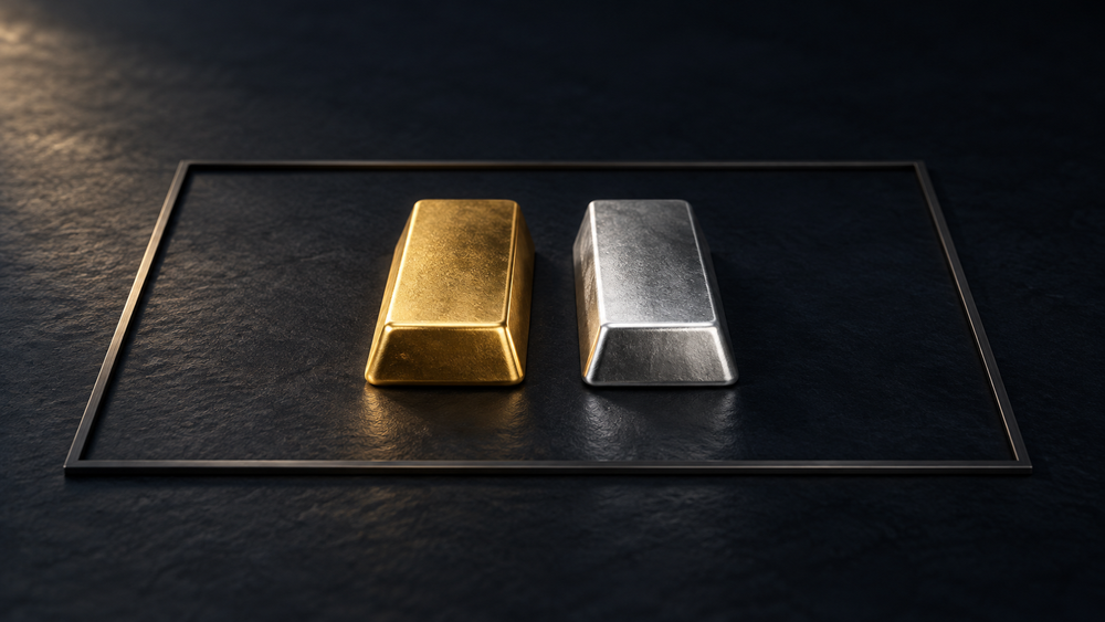 Guldtacka och silvertacka på mörkt underlag – illustration av att investera i guld och silver på ISK