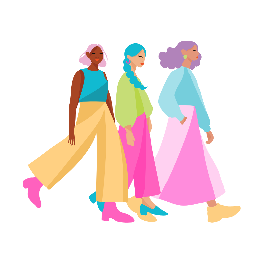 Three women walking together, each wearing colorful fashion-forward outfits with long skirts and stylish tops, depicted in a modern, abstract illustration style.