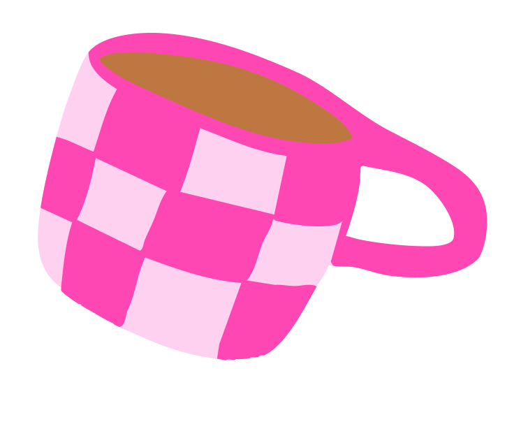 A pink checkered mug filled with a hot beverage.