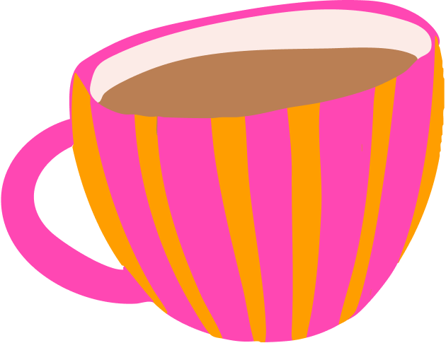 A pink and orange striped coffee mug filled with a hot beverage
