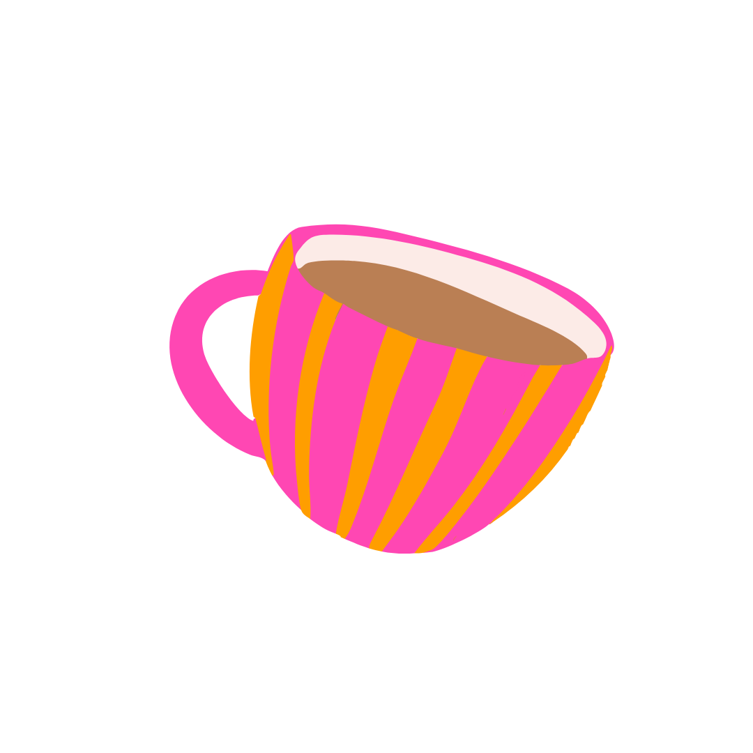Pink striped coffee mug filled with hot chocolate.
