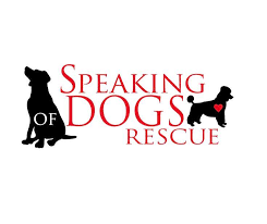Logo of Speaking of Dogs Rescue featuring a silhouette of a sitting dog and a smaller silhouette of a sitting dog, with red and black text.