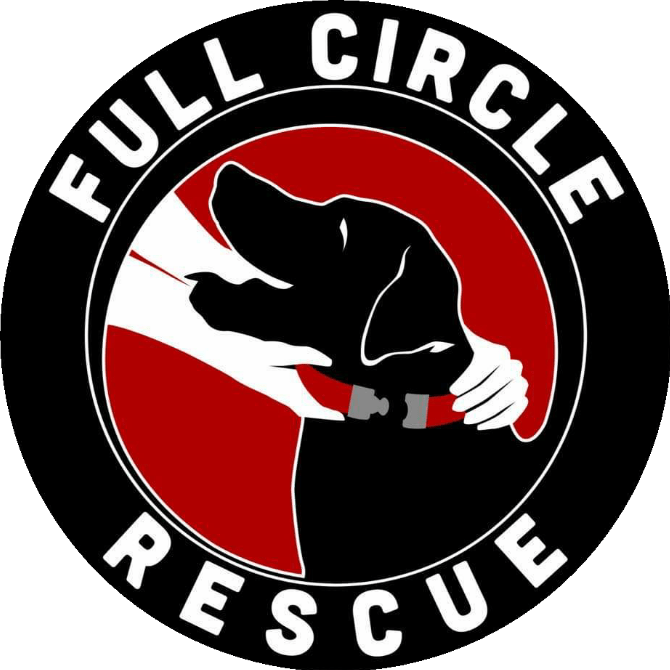 Logo of Full Circle Rescue featuring a black dog wearing a collar and howling, with a red and white background and bold black and white text.