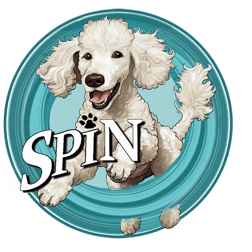 Illustration of a smiling white poodle with floppy ears inside a blue circular spinner, with the word 'SPIN' in bold white letters.