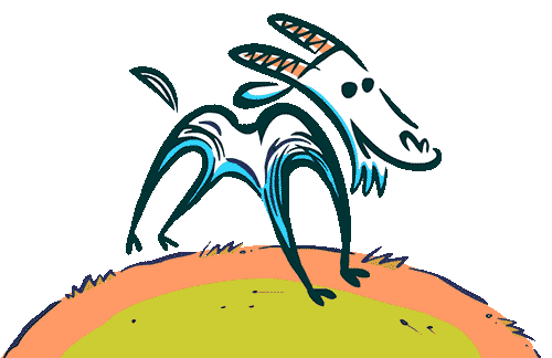 A stylized cartoon goat standing on a grassy hill.
