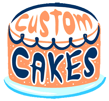 A logo for 'Custom Cakes' featuring stylized text on a thought bubble resembling a cake with orange and blue colors.