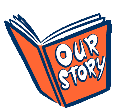 Illustration of an open book with the title "Our Story" in bold white letters on an orange background.