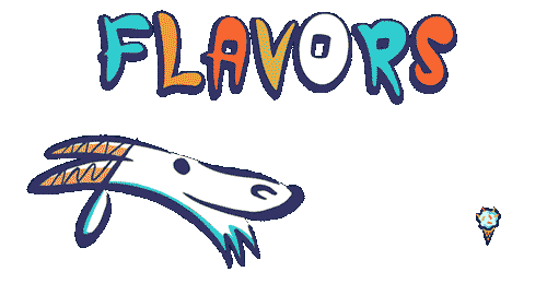 Colorful text spelling "FLAVORS" above a cartoon-style fish with blue and orange stripes and fins.