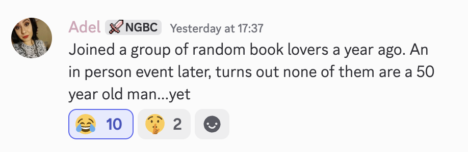 Testimonial from a member joking that after a year online and one in-person event, none of the Northern Girlies Book Club turned out to be a 50-year-old man.