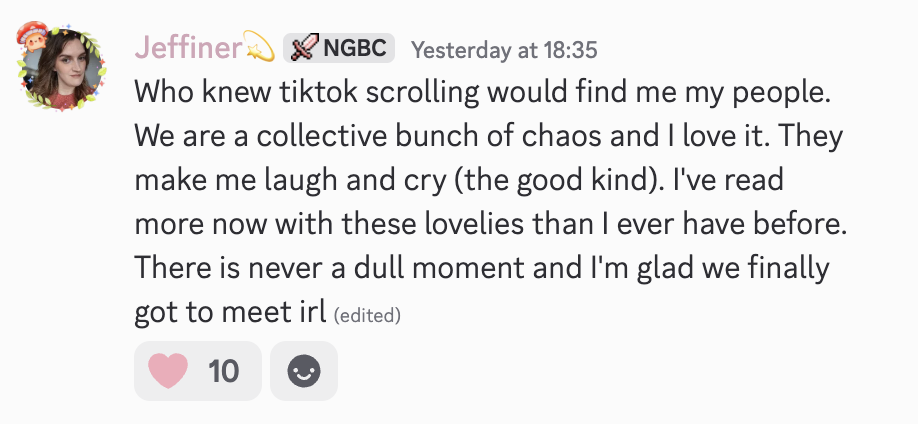 Testimonial from a member who found her people through TikTok and the Northern Girlies Book Club, reading more than ever and meeting members in real life.