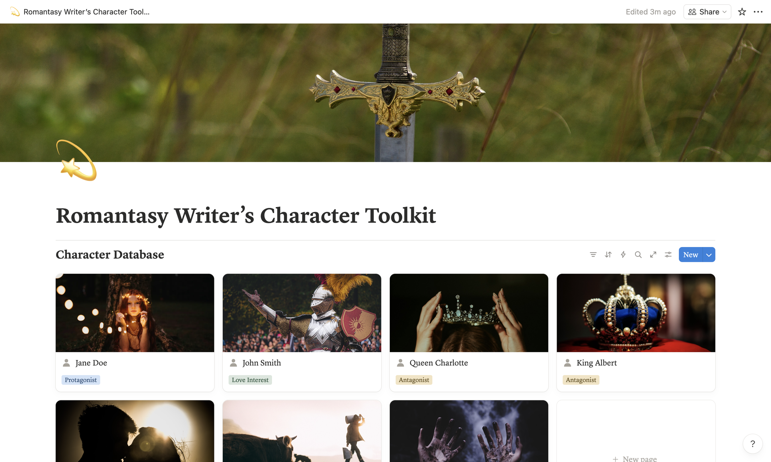 A screenshot of a Notion template titled "Romantasy Writer's Character Toolkit"