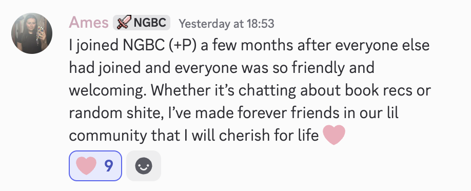 Testimonial from a member who joined a few months in and was welcomed warmly, describing making forever friends in the NGBC community.