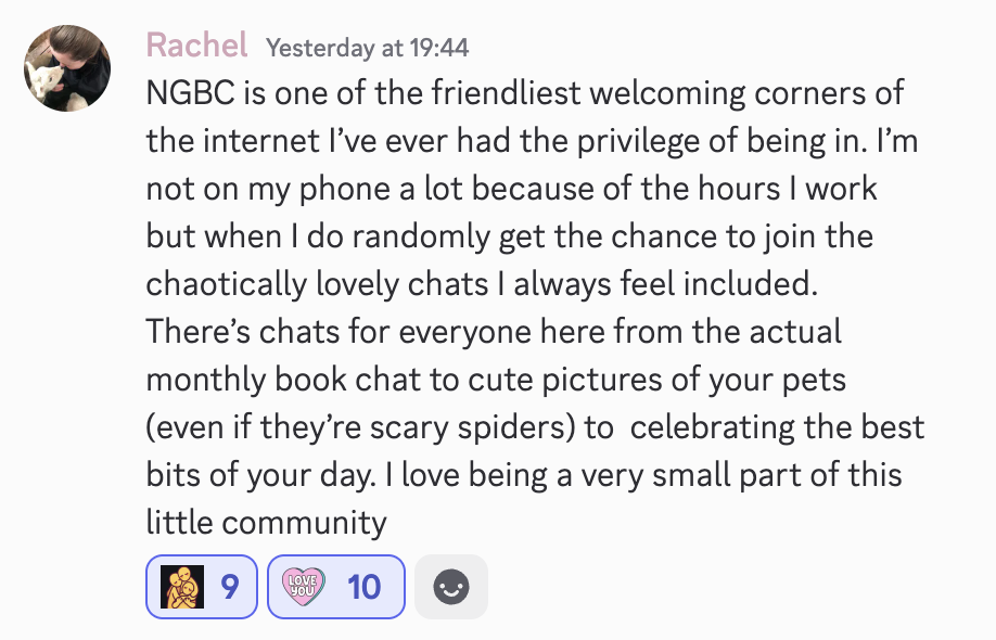 Testimonial from an NGBC member describing it as one of the friendliest corners of the internet, with channels for book chats, pet photos, and daily highlights.