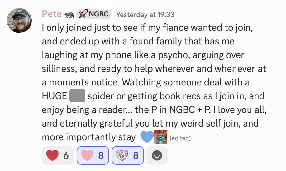 Testimonial from a member who joined to check it out for their fiancé and ended up finding a found family through the Northern Girlies Book Club.