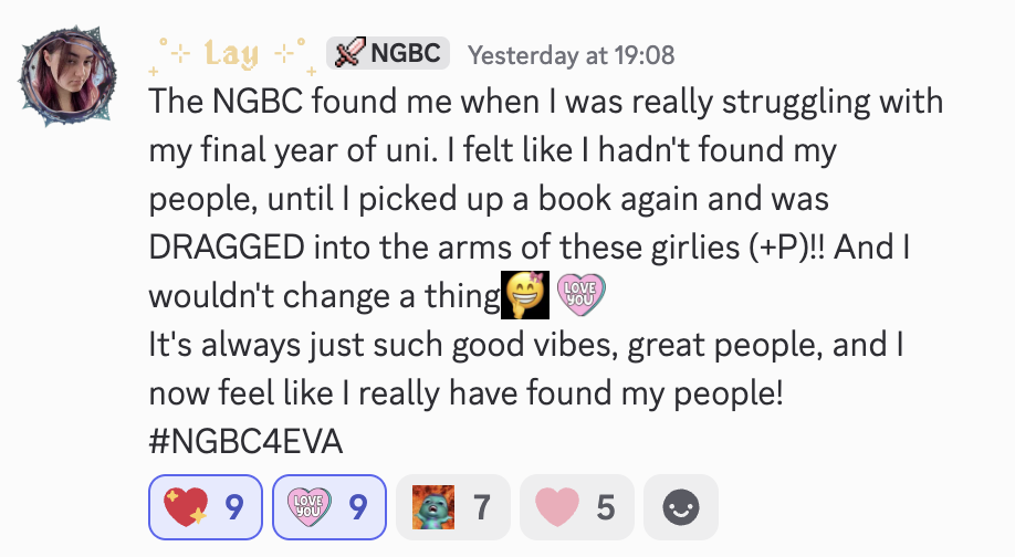 Testimonial from a member who found NGBC during a difficult final year of university and finally felt like she'd found her people through books.