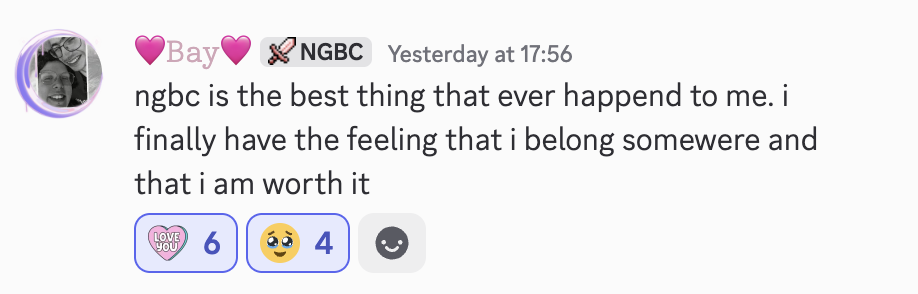 Testimonial from a member who says NGBC is the best thing that ever happened to her and where she finally feels like she belongs.
