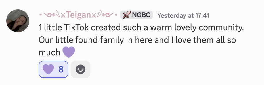 Testimonial from a member describing NGBC as a warm, lovely found family built from one TikTok.