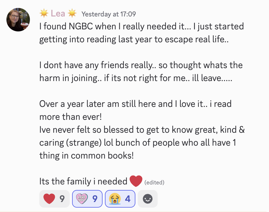 Testimonial from a member who joined NGBC to escape into reading and found the kind, caring community she didn't know she needed.