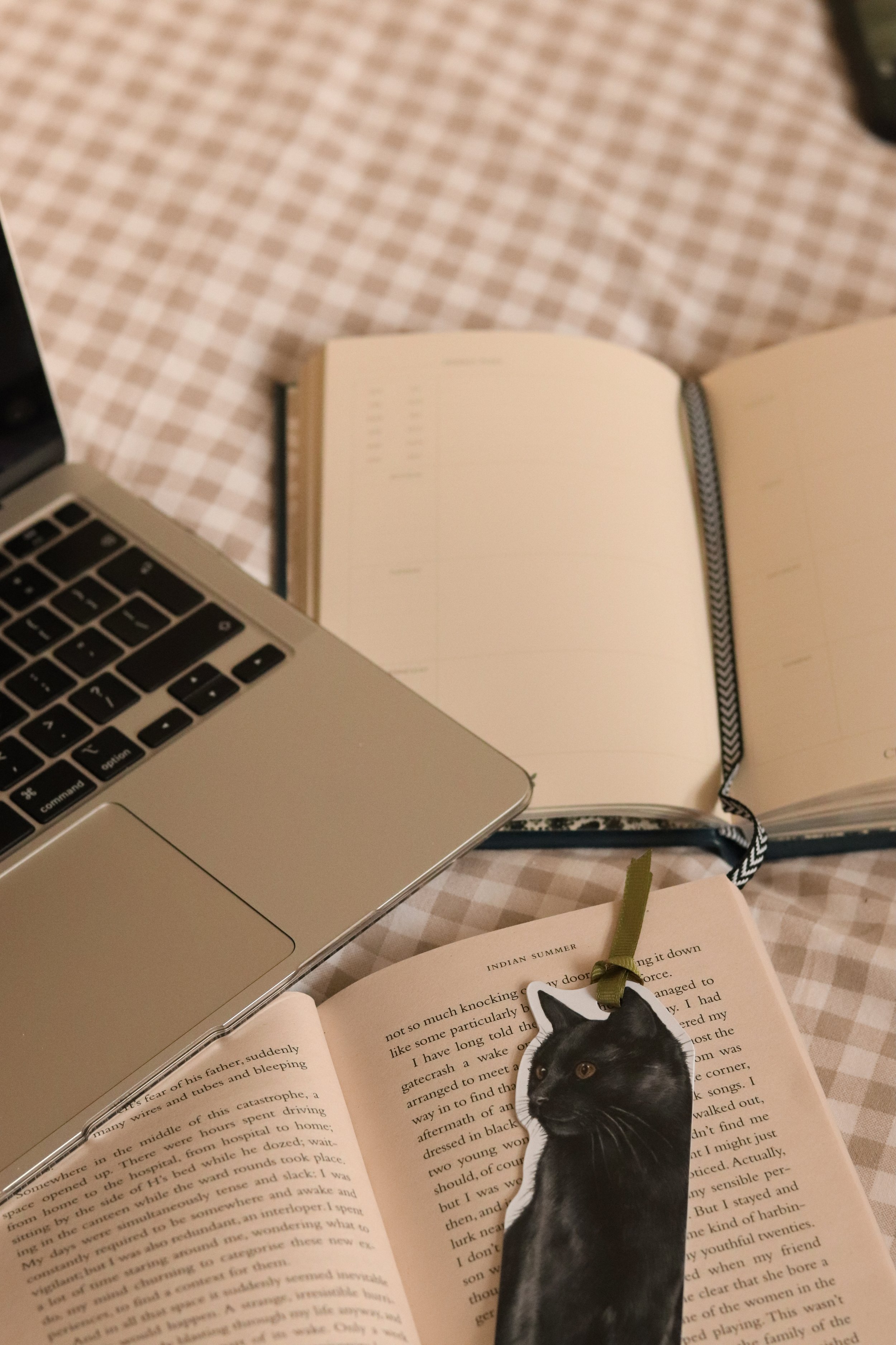 A laptop, an open planner, a book, and a cat bookmark placed on a checkered tablecloth.