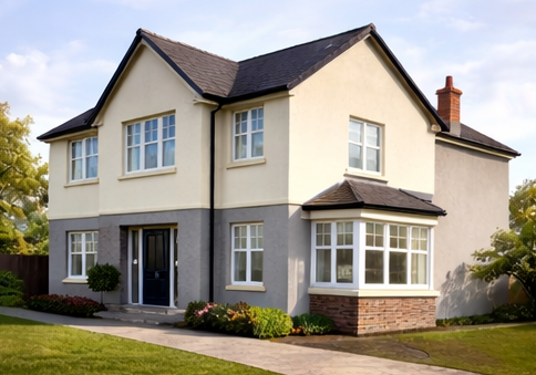 Two-story suburban house with beige and gray exterior, front porch, large windows, and a well-maintained lawn.