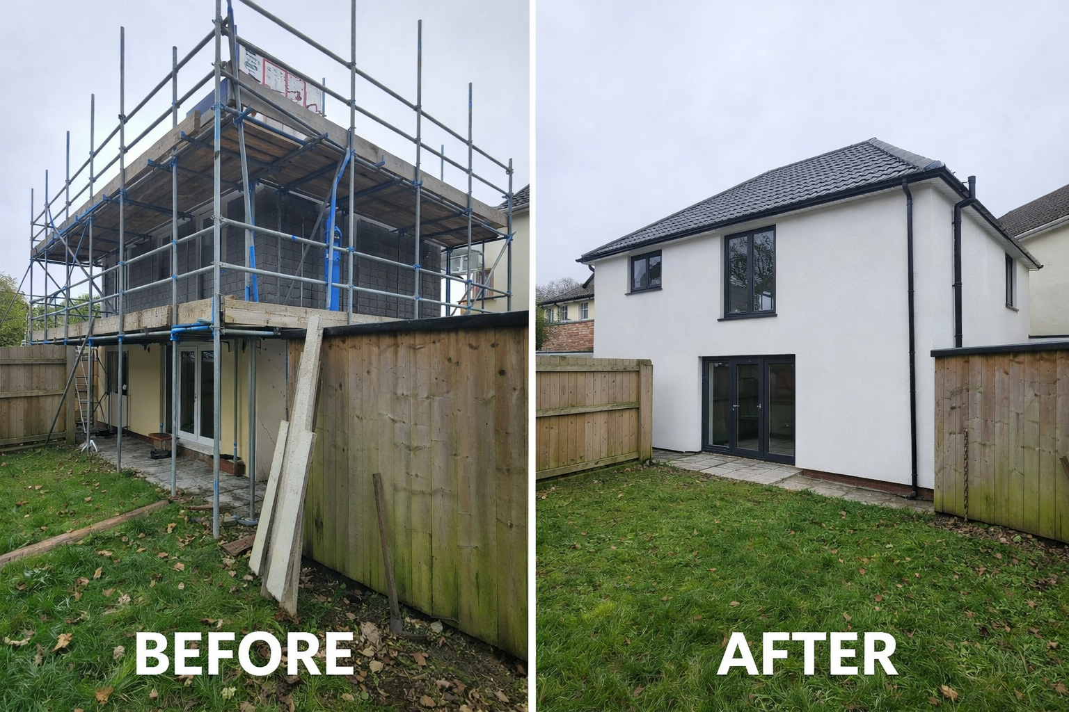 Side-by-side comparison of a house before and after renovation. The 'before' shows the house under construction with scaffolding and building materials, while the 'after' shows the completed house with a white exterior, black window frames, and a finished backyard.