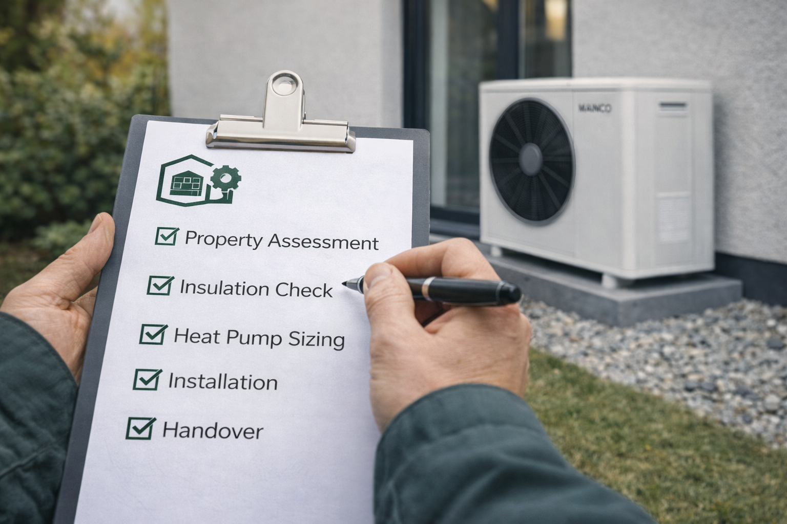Person holds a clipboard with a property assessment checklist, with items checked off, in front of an outdoor air conditioning unit.