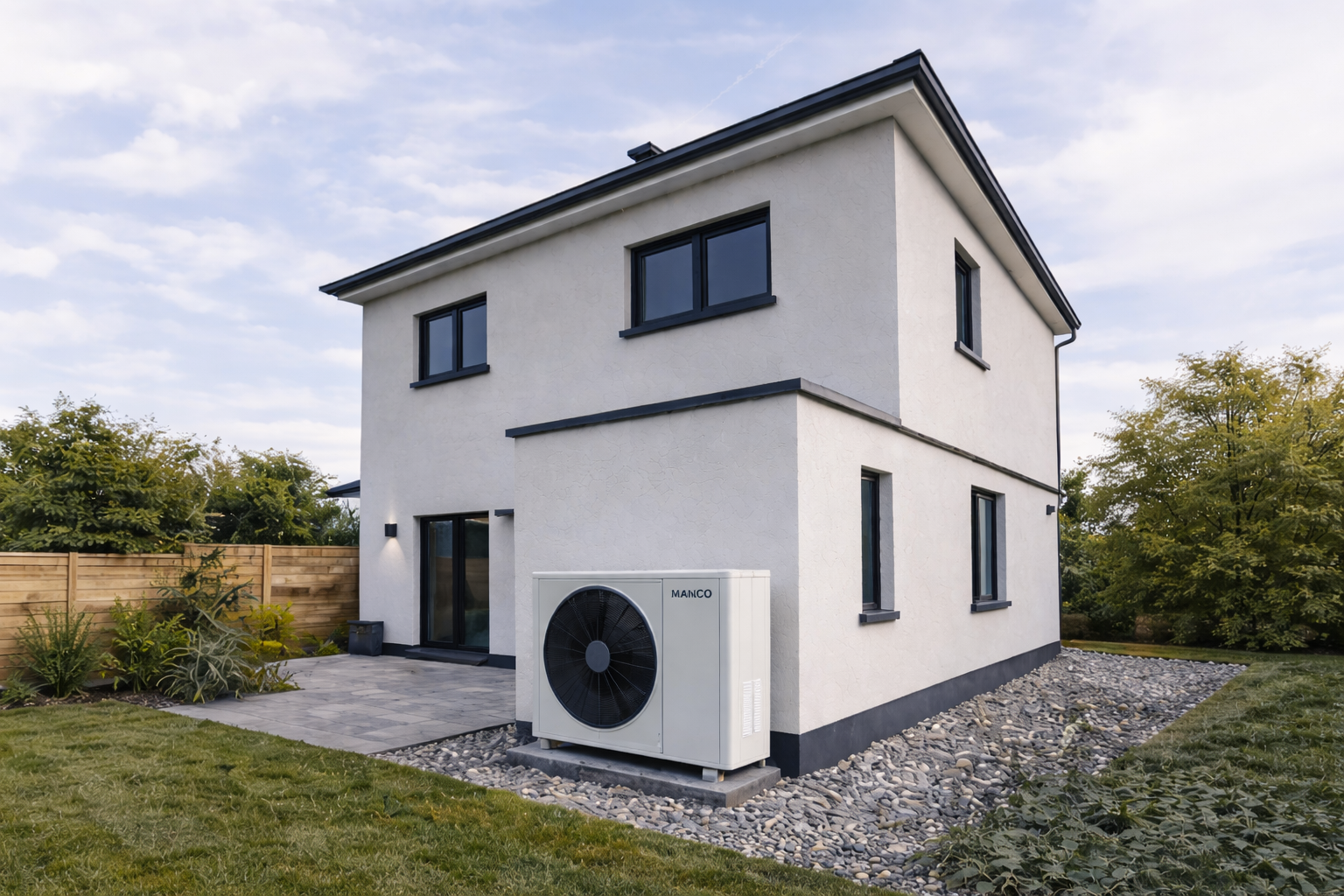 Modern two-story house with black framed windows and a small patio, surrounded by a well-maintained lawn and a wooden fence, with an air conditioning unit outside.