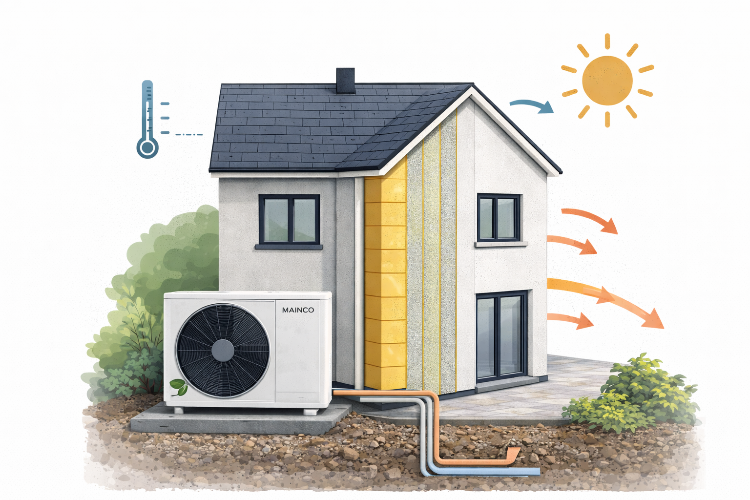 Illustration of a house with an air conditioning unit outside, showing heat and cooling flow, sunlight warming the house, and arrows indicating heat flow outward.