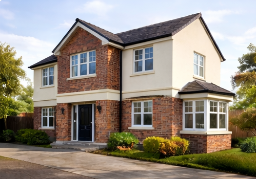 A two-story suburban house with brick and beige siding, multiple windows, a gabled roof, and a small front garden with shrubs and grass.