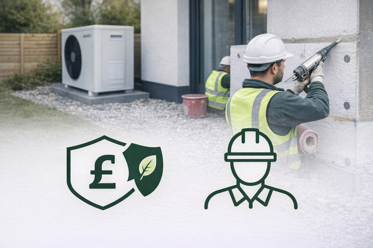 Two construction workers installing insulation on a building exterior, with a large air conditioning unit in the background. Overlaid icons include a shield with a pound symbol and a leaf, and a worker wearing a hard hat.