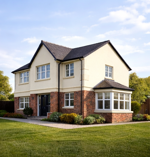 Two-story house with brick and cream exterior, large front yard, and a clear blue sky.