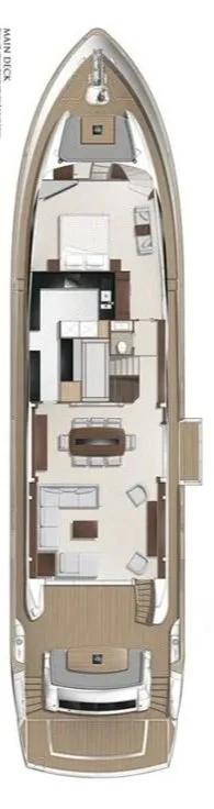 A top-down view of a yacht's interior layout, including a helm area, living space with a sofa, dining area, kitchen, and a bedroom with a bed.