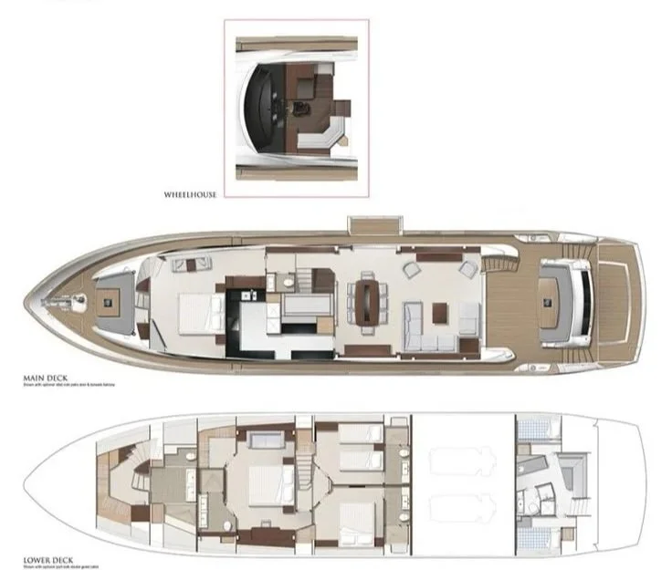 Floor plan of a yacht showing the wheelhouse, main deck, and lower deck with bedrooms and bathrooms.