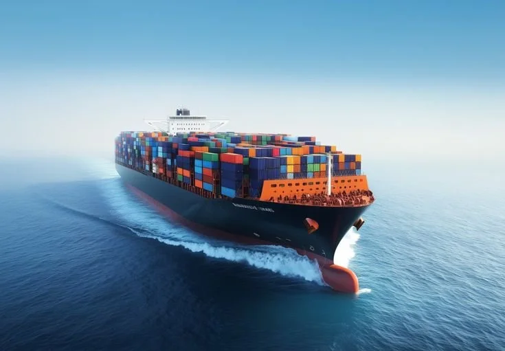 A large cargo ship sailing through the ocean carrying numerous shipping containers onboard.