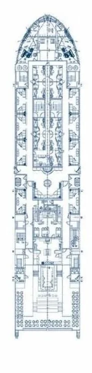 Blueprint of a large boat or yacht with multiple decks, rooms, and outdoor seating areas.