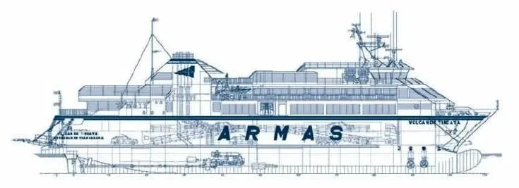 Blueprint drawing of a large ship labeled 'ARMAS' with various structure details.