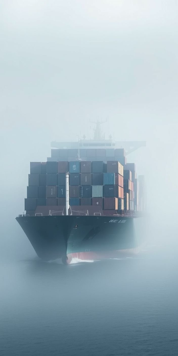 A large cargo ship sailing through foggy waters with stacked shipping containers on deck.