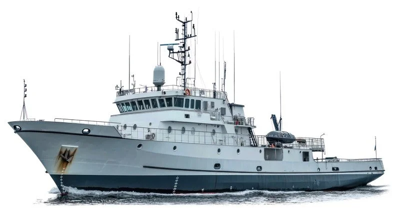 A large white maritime patrol or research vessel with antennas and communication equipment on the deck, floating on calm water under an overcast sky.