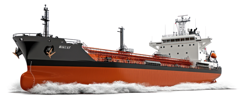 Large oil tanker ship sailing through the water with waves around the bow.