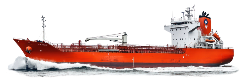 Side view of a large red oil tanker ship cruising through water.