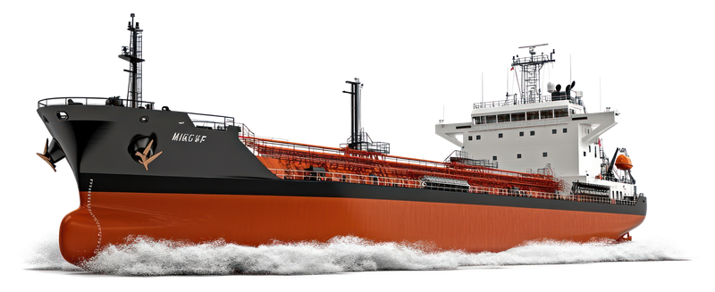 A large industrial oil or cargo tanker ship sailing on water with waves at the bow