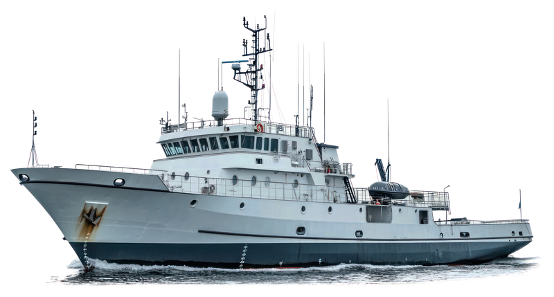 A large white and gray research or patrol vessel sailing on the water with various antennas and equipment on its deck.
