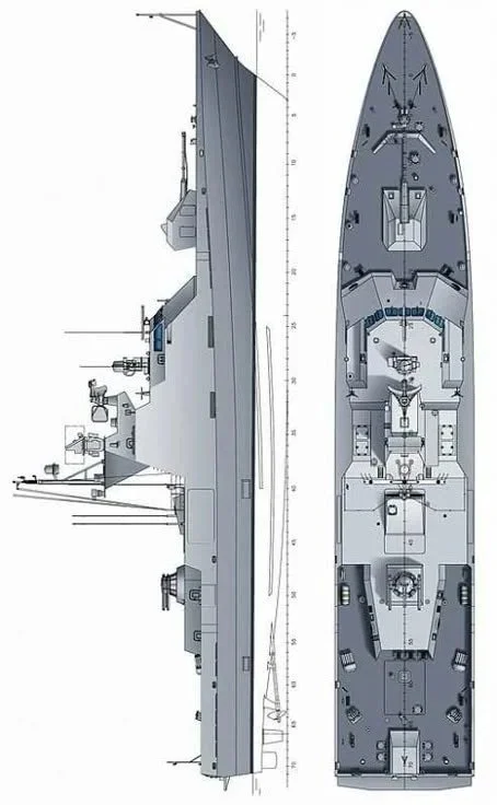 Technical drawings of a naval aircraft carrier, showing side and top views with detailed structures, weapon placements, and deck layout.