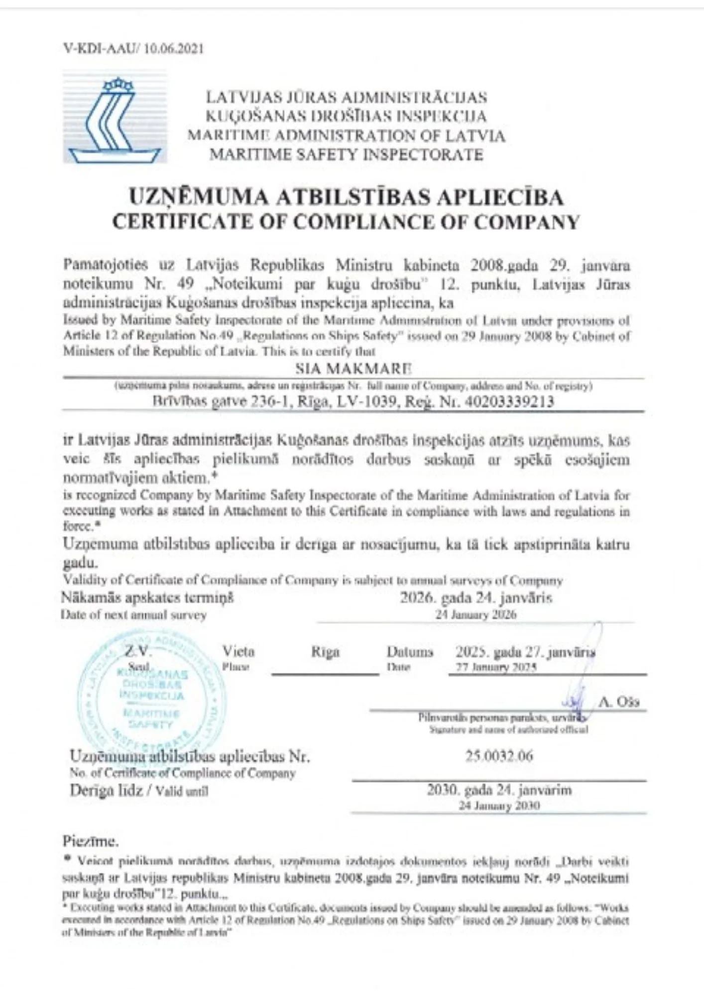 Certificate of Compliance issued by the Maritime Safety Inspectorate of Latvia, certifying a company's adherence to maritime safety laws, with signatures, dates, and official seals.